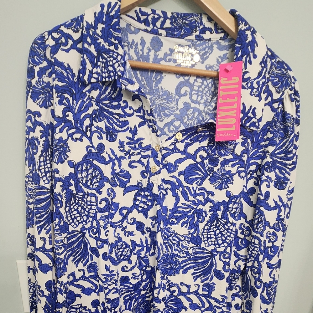 Lilly Pulitzer Deeper Coconut Ride With Me. Frida Puff Long Sleeve Polo UPF 50+